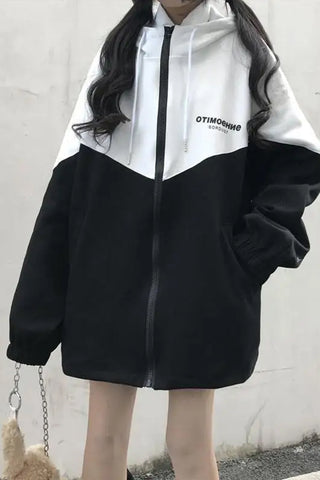 Black White Colors Combination Zipper Hooded Jacket