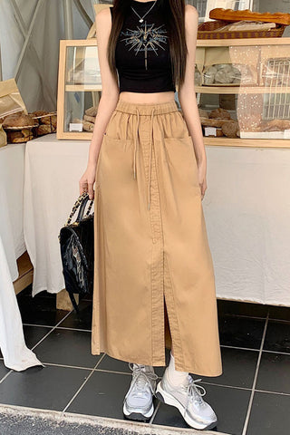 High Waist Front Pockets Long Slit Skirts