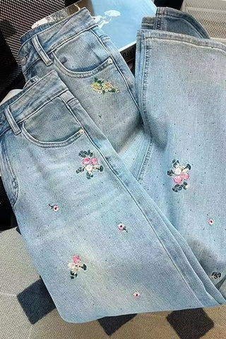 High Waist Flowers Embroidered Long Jeans Pants