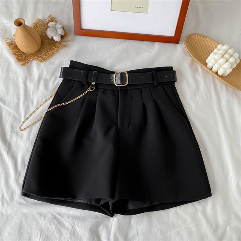 High Waist Thin A-Line Office Shorts With Belt