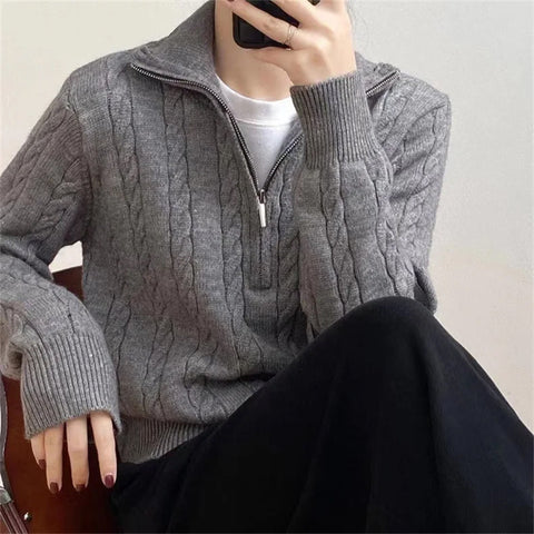 Long Sleeve High Collar Zipper Neck Knitted Sweater