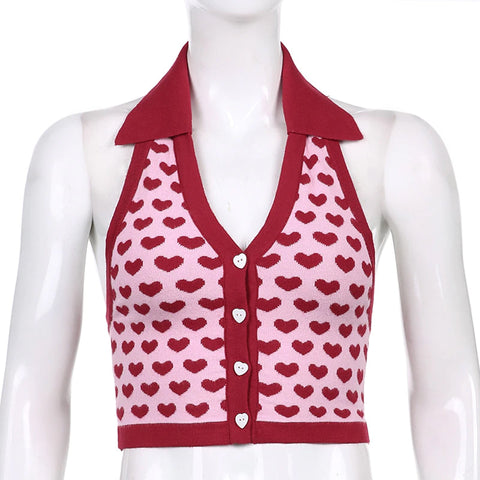 Deep V-Neck Heart Printed Backless Crop Tops