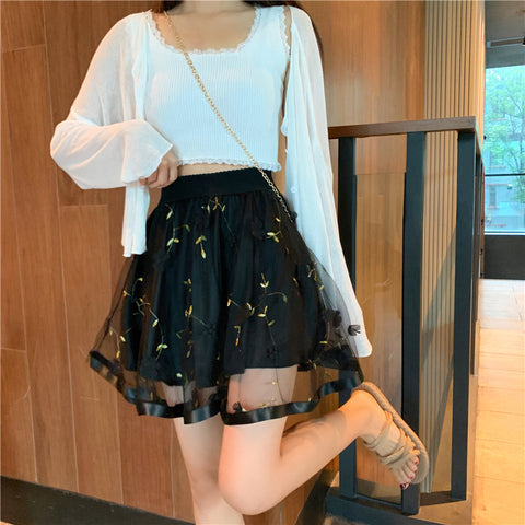 High Waist Mesh Lace Flower Mini Skirts