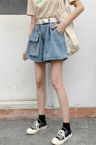 Big Pocket Loose Wide Leg Denim Jeans Shorts