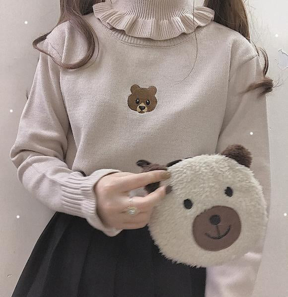 Cute Bear Embroidered Ruffled Turtleneck Sweater