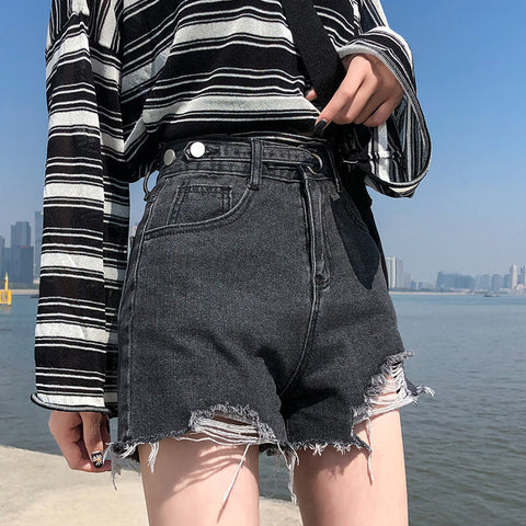 High Waist Trendy Button Ripped Shorts Jeans