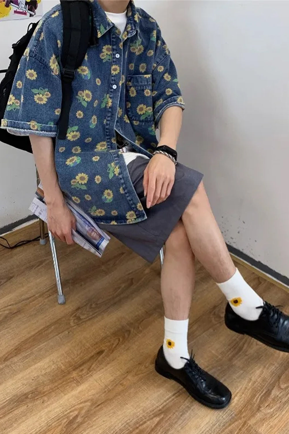Short Sleeve Daisy Printed Denim Men Shirts
