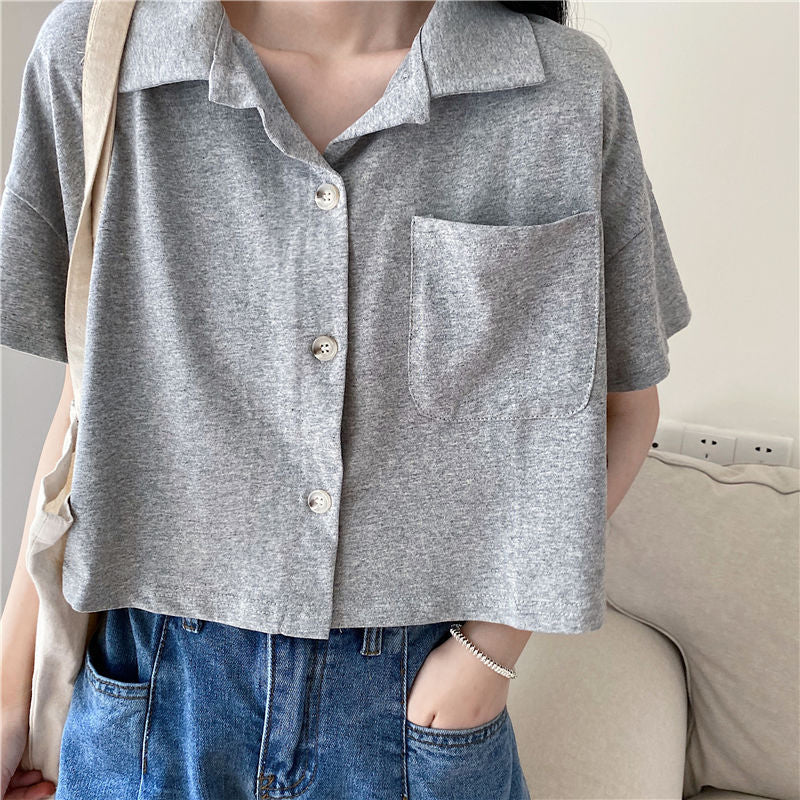 Turn Down Collar Loose Cropped Shirt