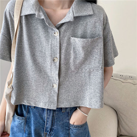 Turn Down Collar Loose Cropped Shirt
