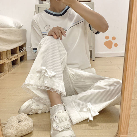 High Waist Sweet Lace Bow Corduroy Pants