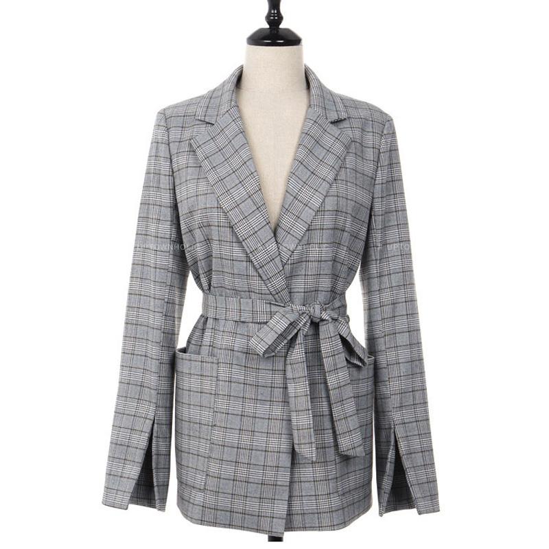 Grey Plaid Bow Sashes Split Blazer Coat