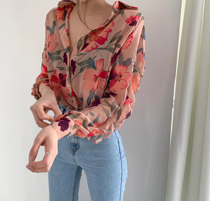 Thin Flowers Pattern Chiffon Blouse Shirt