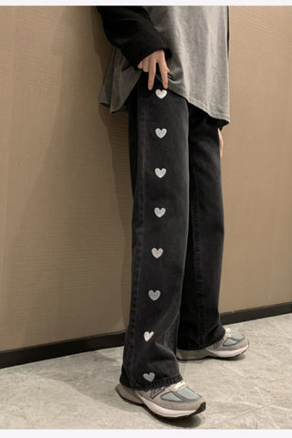 Loose Heart Printed Jeans Pants