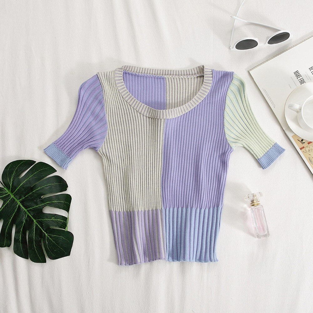 Cute Colors Skinny Knitted O-Neck Casual Shirt