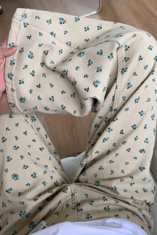 High Waist Loose Floral Pattern Khaki Jeans Pants