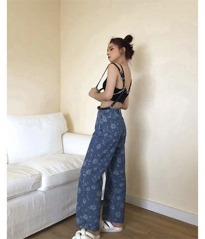 Pantalones vaqueros de pierna ancha con estampado de girasoles