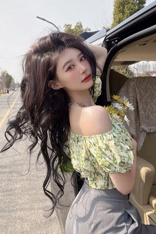Off Shoulder Floral Pattern Strapless Slim Shirt