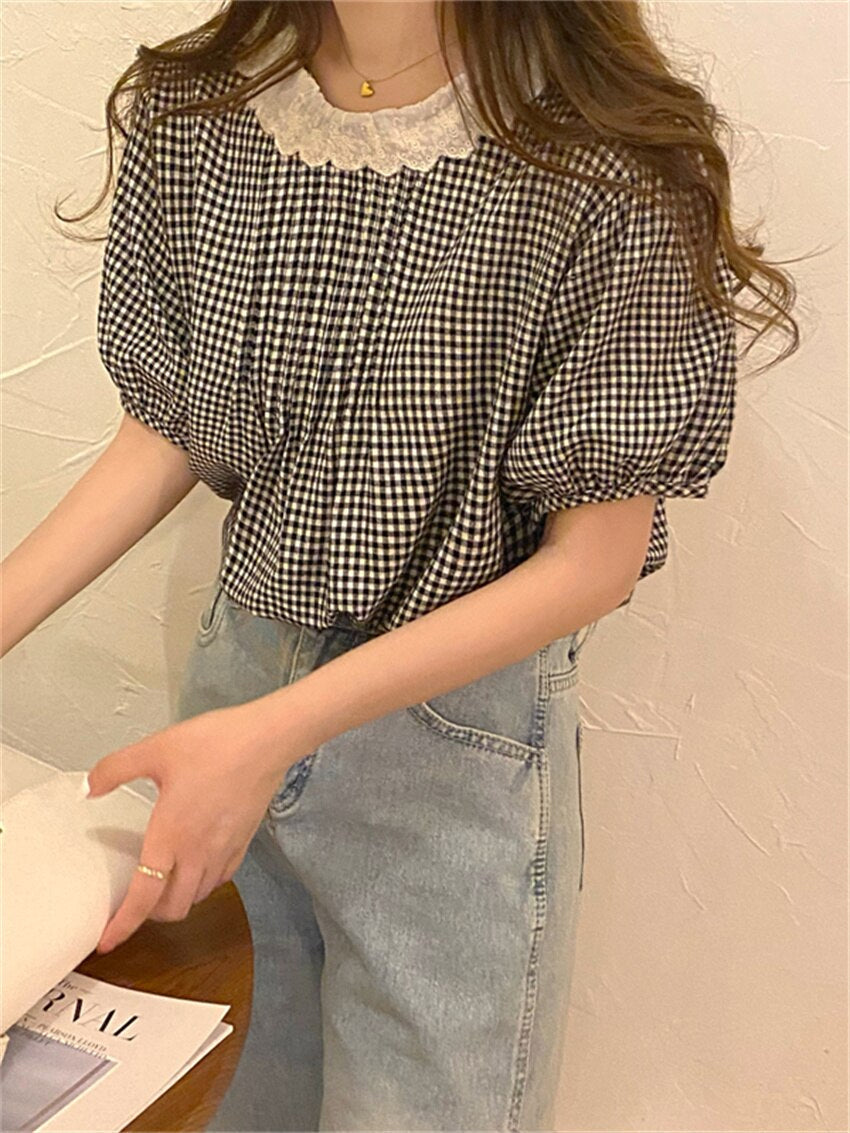 Loose Puff Sleeve Retro Plaid Shirt