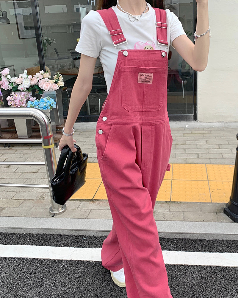 Loose Rose Pink Long Denim Jumpsuit