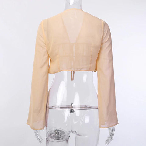 Sexy Crop Top mit langen Ärmeln, ausgestelltem Schnitt und gerüschtem V-Ausschnitt