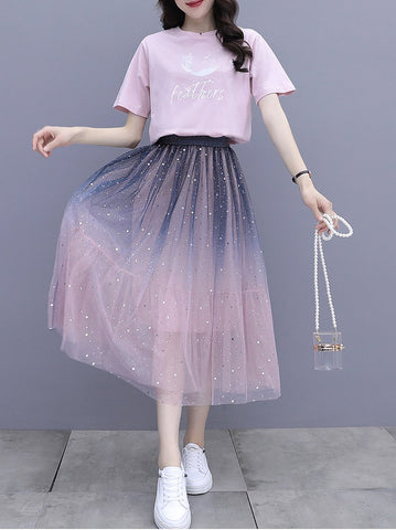 2 Piece Set Gradient Mesh Skirts With Shirt