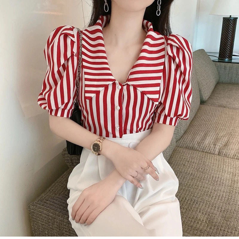 Rot gestreiftes Vintage-Bluse-Shirt mit Puffärmeln 