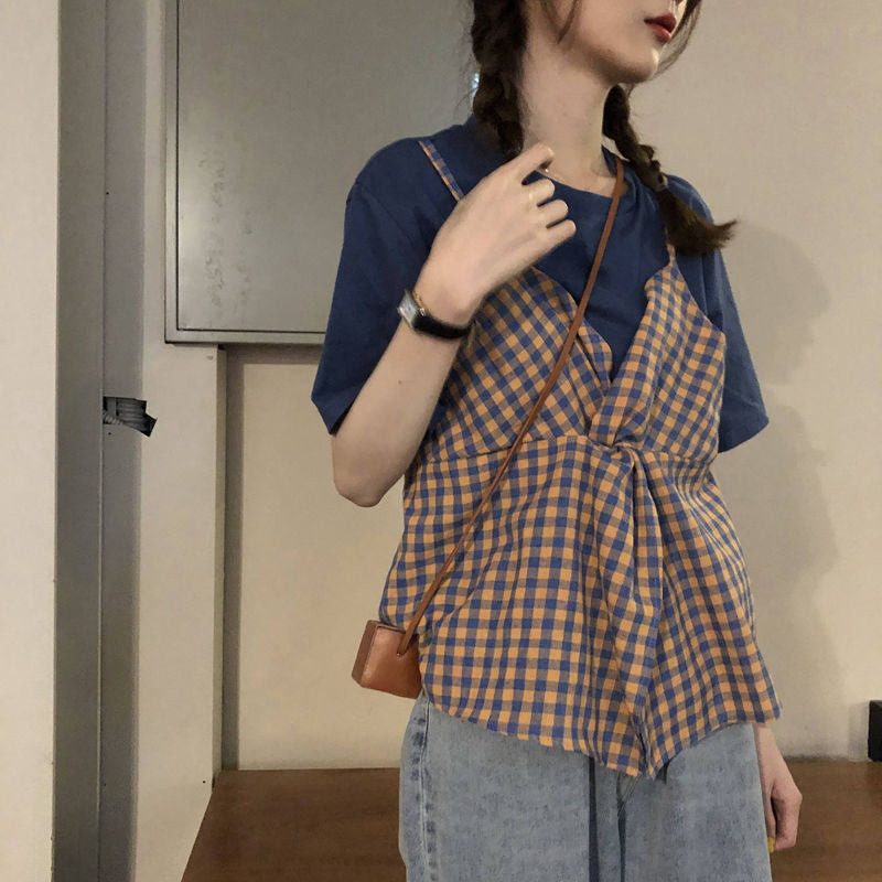 Two Piece Style Plaid Pleated Shirt