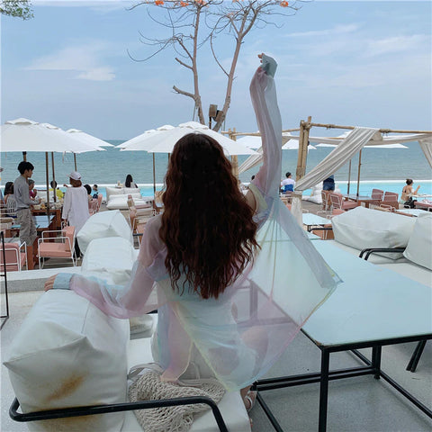 Blusa de malla transparente sexy con arcoíris