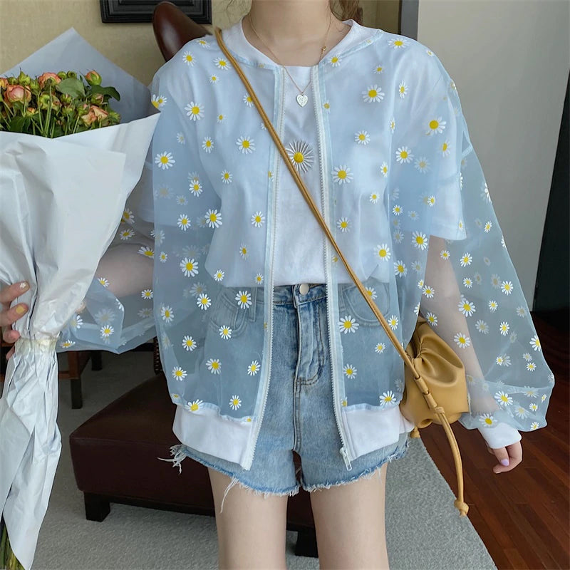 Daisy Flower Thin Transparent Casual Jacket