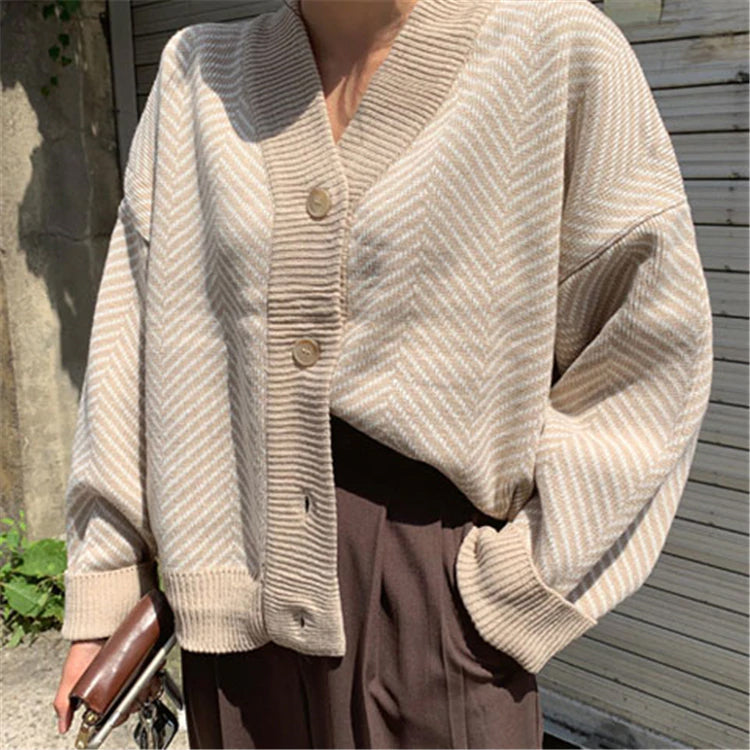 Gestreifter Cardigan mit V-Ausschnitt und Knöpfen, Oversize-Pullover