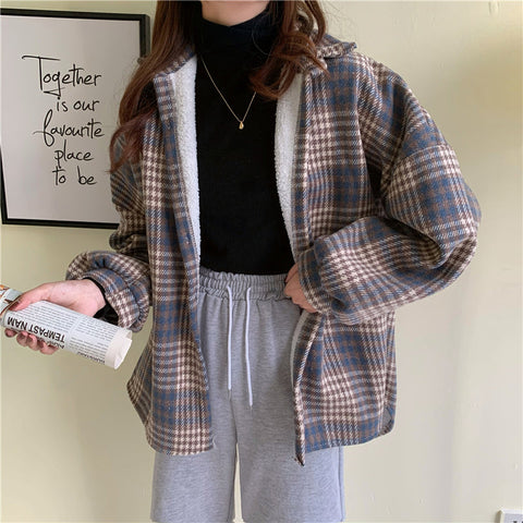 Loose Long Sleeve Plaid Thicken Shirt
