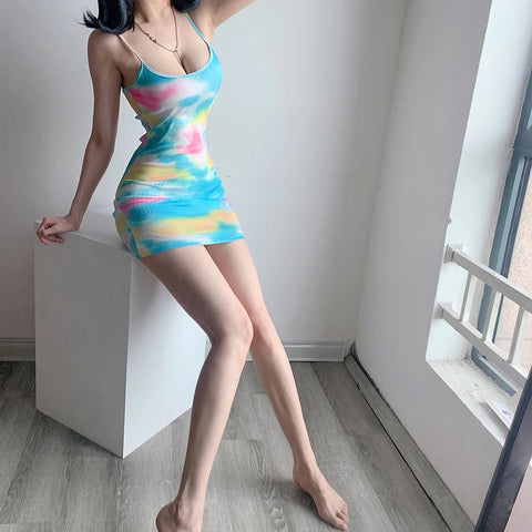 Sexy Tie Dye Pattern Elastic Mini Dress