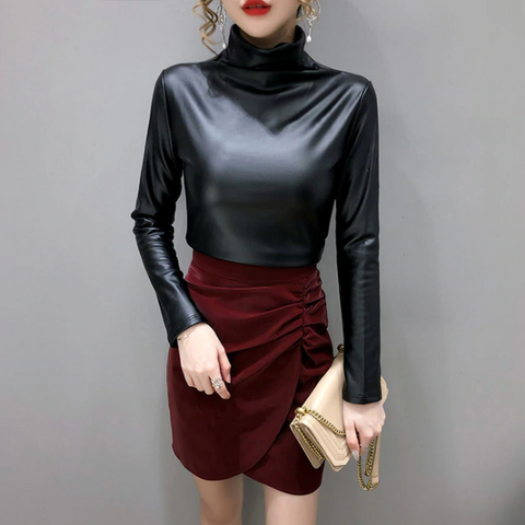 Long Sleeve Turtleneck Leather Tops