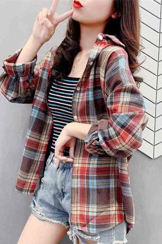 Long Sleeve Classic Plaid Colors Loose Shirt