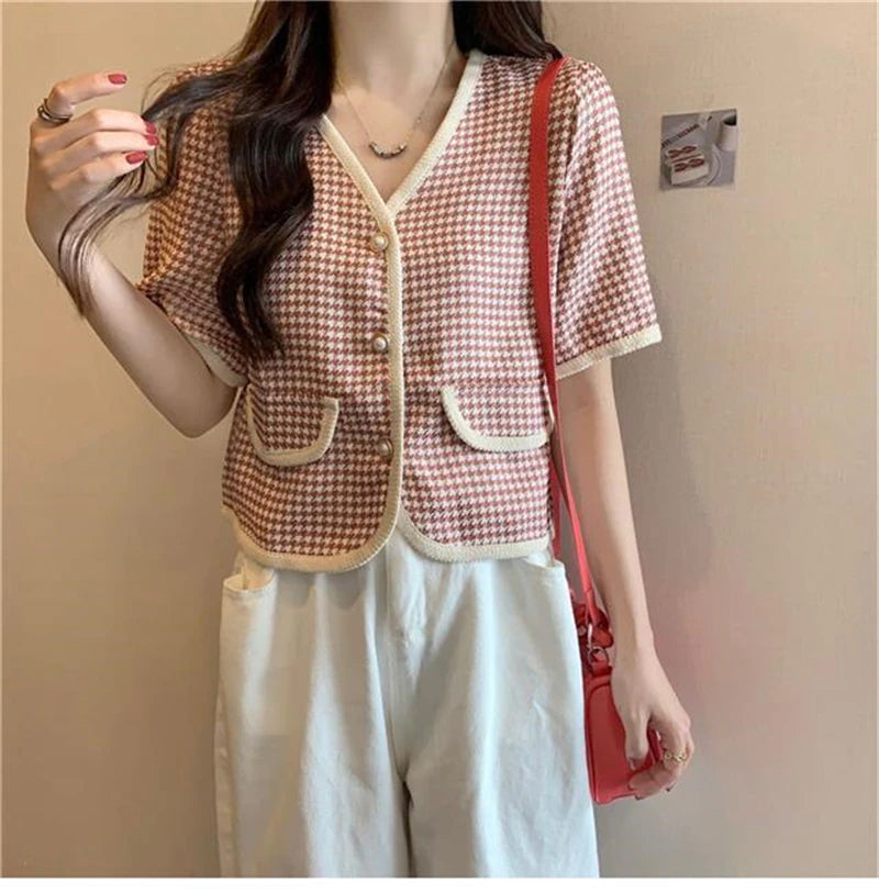 Short Sleeve Houndstooth Pearl Button Blouse Shirts