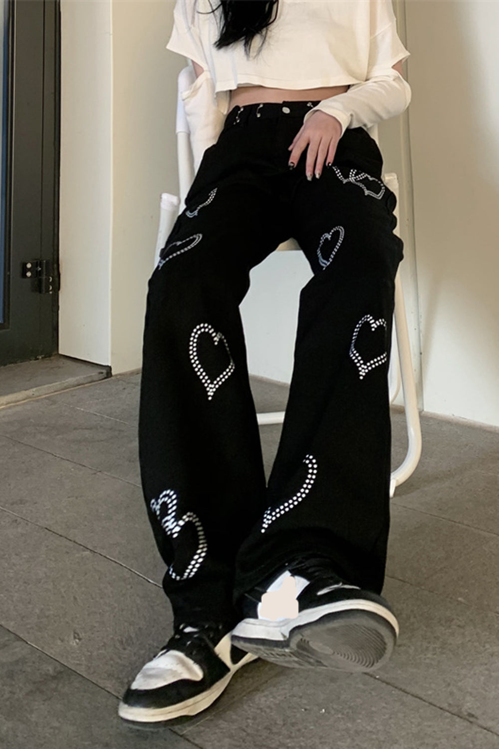 High Waist Heart Pattern Black Long Jeans Pants