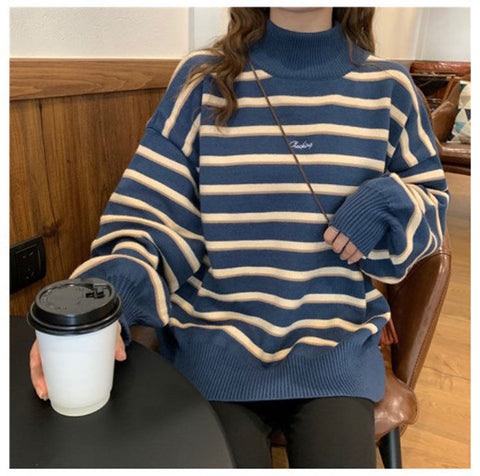 High Collar Striped Knitted Loose Sweater