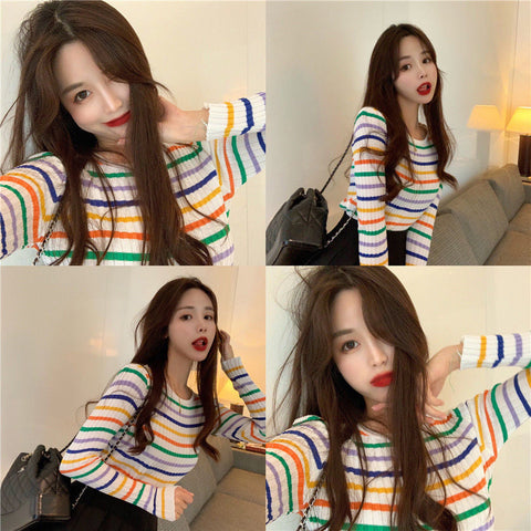 Long Sleeve Color Striped Thin Sweater