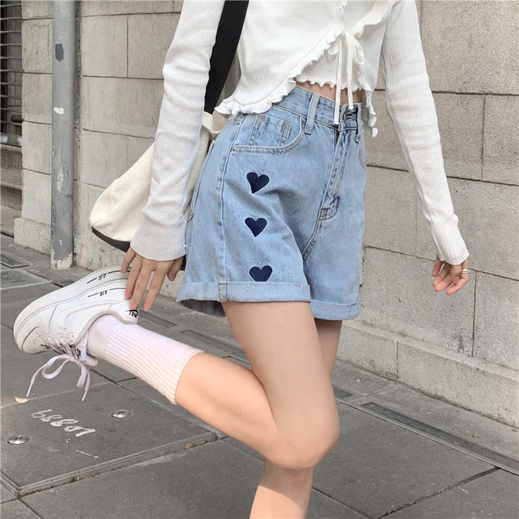 High Waist Heart Love Printed Denim Shorts Pants