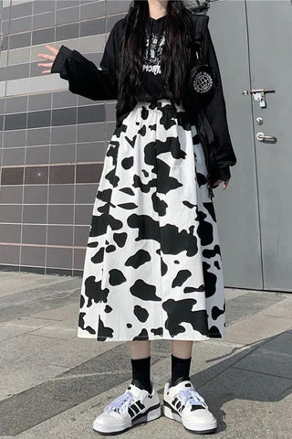 Loose Cow Pattern Mid Calf Skirts