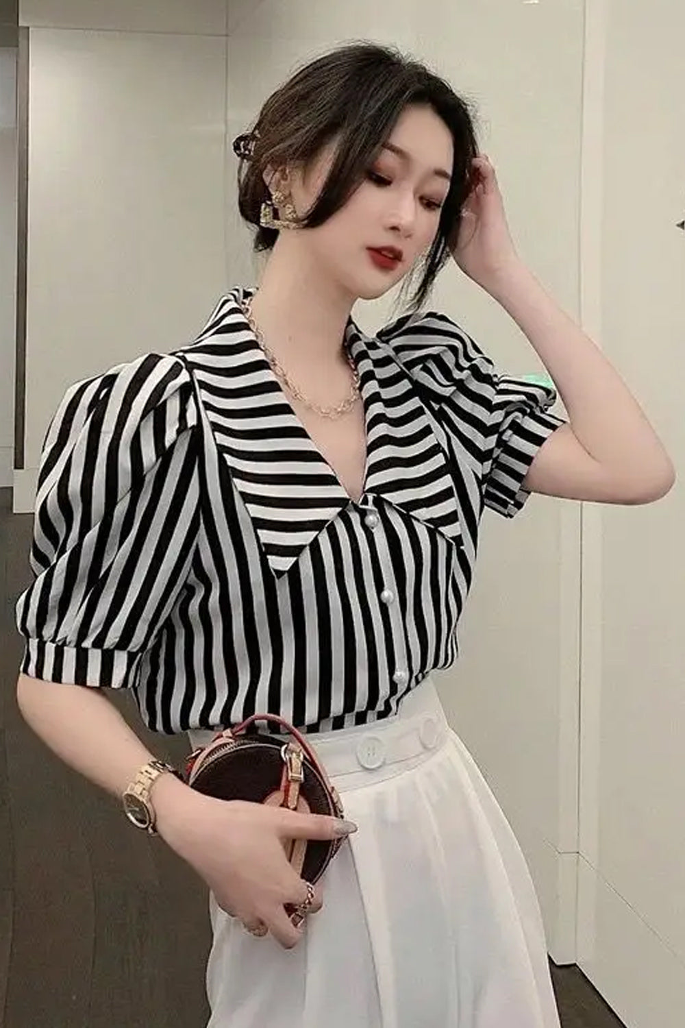 Striped Puff Sleeve Turn Down Collar Blouse Shirt