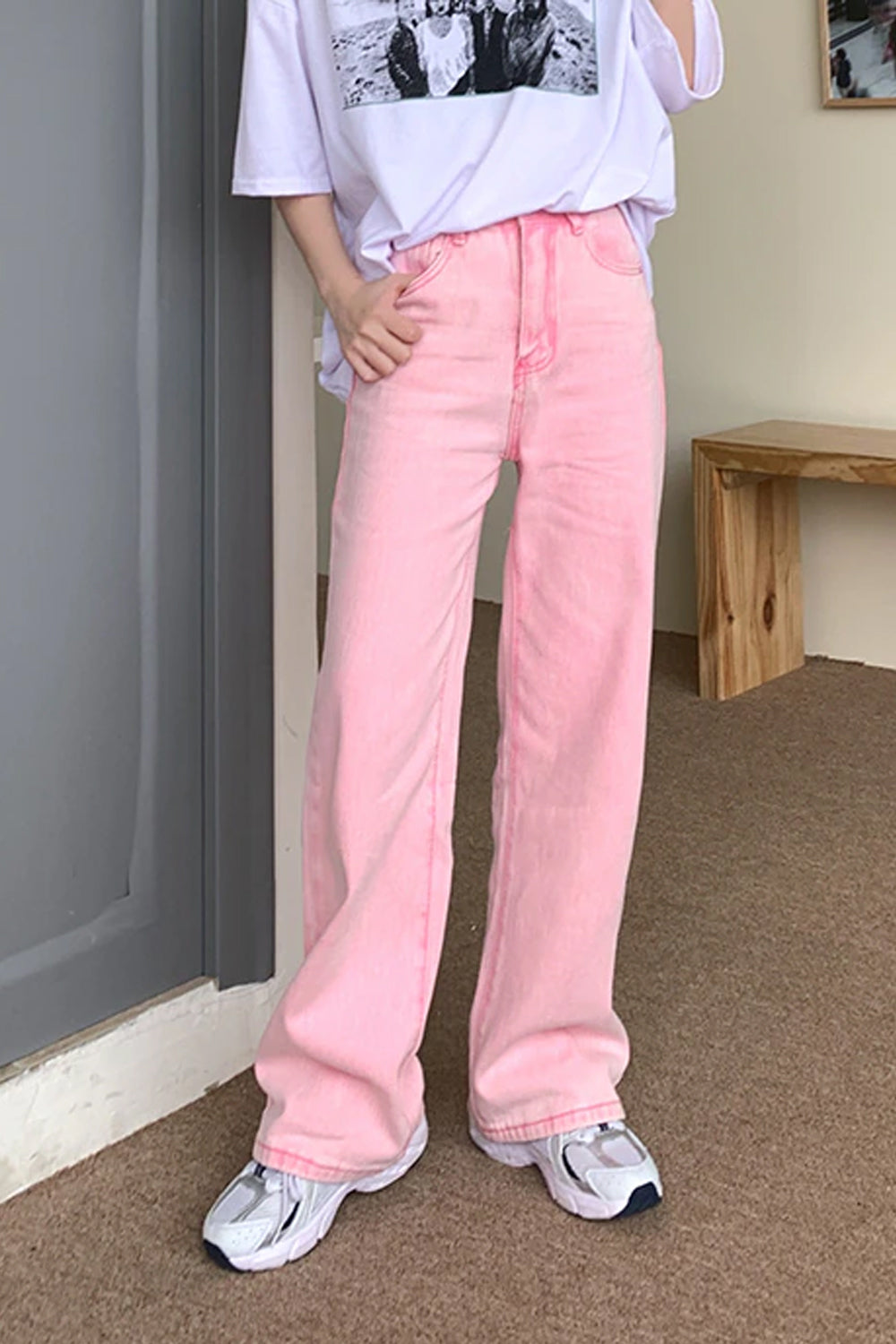 High Waist Casual Pink Wide Leg Jeans Pants