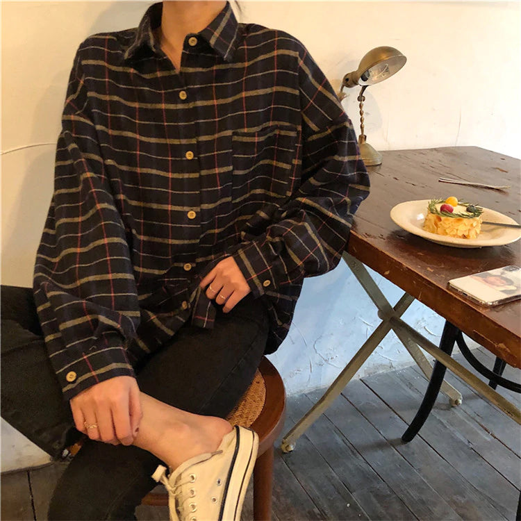 Simple Vintage Plaid Loose Shirt