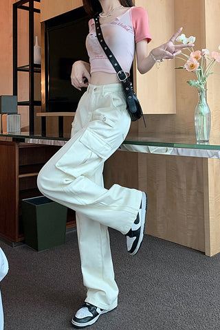 High Waist Vintage Cargo Pockets Pants
