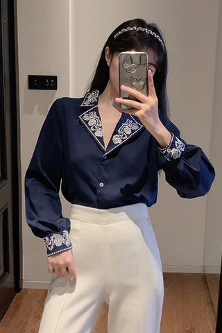 Retro Floral Embroidered Office Blouse Shirt