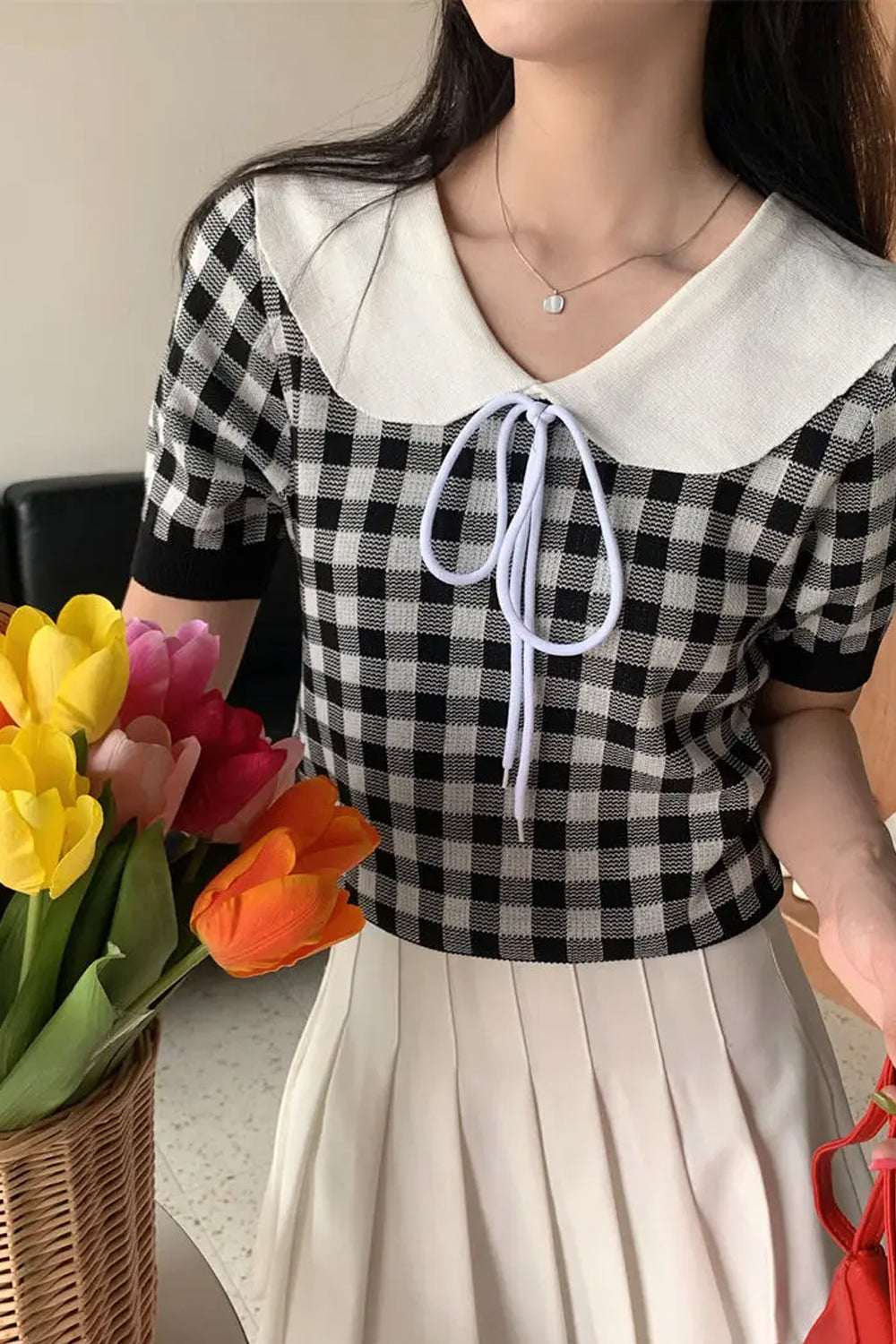 Short Sleeve Drawstring Cute Plaid Doll Collar Shirt