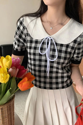 Short Sleeve Drawstring Cute Plaid Doll Collar Shirt