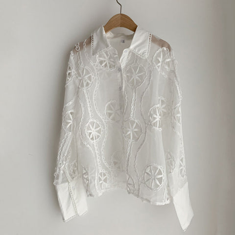 Long Sleeve Sexy Floral Hollow Out Blouse Shirts