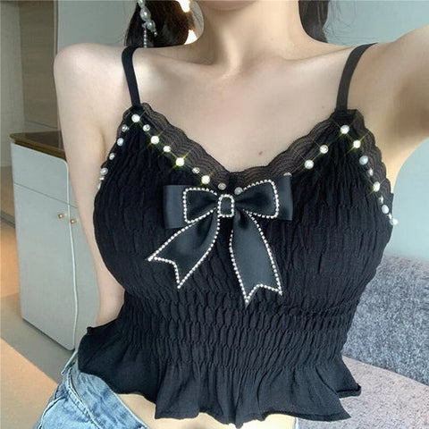 Bow Stitching Sling Ruffle Crop Tops