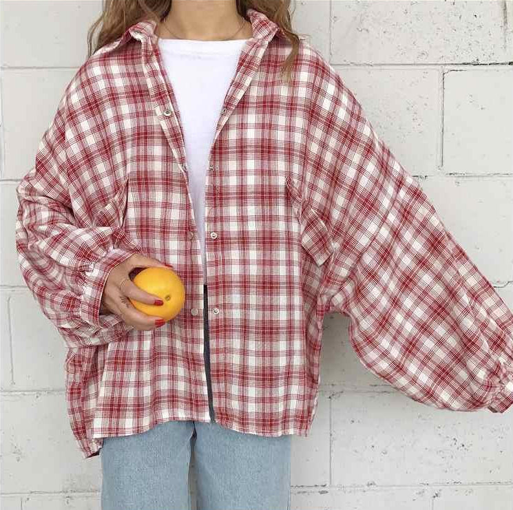 Vintage Bat Sleeve Loose Style Plaid Shirt